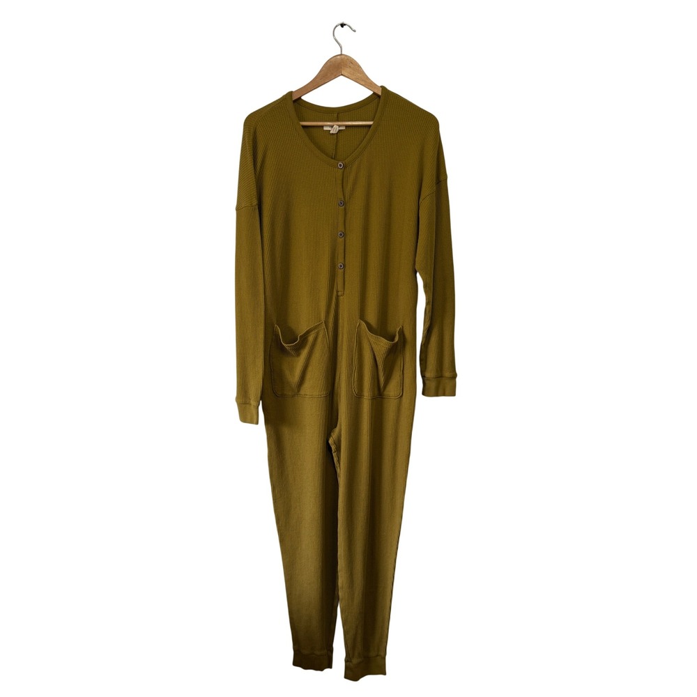 Madewell Womens Waffle Knit Henley Jumpsuit Olive‎ Mustard Cotton Large CKP4561